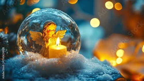 This video showcases a stunning angel in a snow globe with a glowing candle. Ideal for holiday inspiration and creating a cozy ambiance. Embrace the festive spirit. AI.