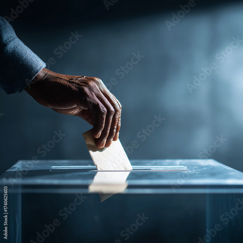 Close-up of an elderly hand with a diverse skin tone inserting a folded vote into a clear ballot box in a dimly lit setting, symbolizing the intergenerational importance of voting.