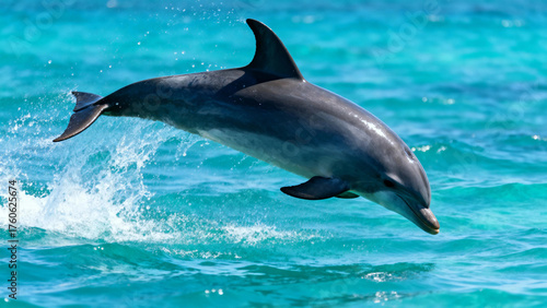 Dolphin leaping out of turquoise ocean water
