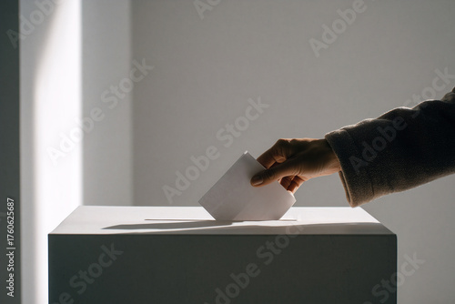 Close-up of a person of color's hand casting a white ballot into a sleek, modern ballot box, symbolizing the democratic process, voting rights, and diversity in election.