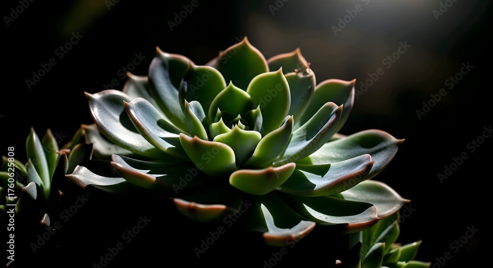 Fototapeta premium A succulent glows in dramatic lighting against a dark backdrop. Green leaves with pink edges evoke calmness. Muted colors create a moody, focused vibe. AI Generated.