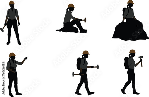 Geologist silhouette, fieldwork pose, rock hammer, hard hat figure, exploration activity, black vector, outdoor science, walking stance, sitting posture, tool use