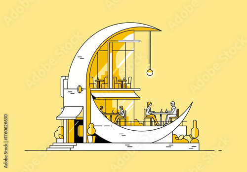 Crescent Moon Restaurant with Patrons Dining on Two Levels.