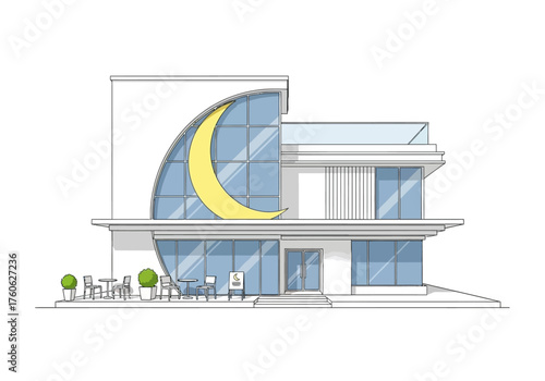 Modern Two-Story Building with Crescent Moon Design and Outdoor Seating Area.