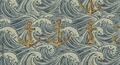 Fototapeta Naklejka Na Ścianę i Meble -  Art Nouveau style nautical pattern with golden anchors and swirling sea waves.
