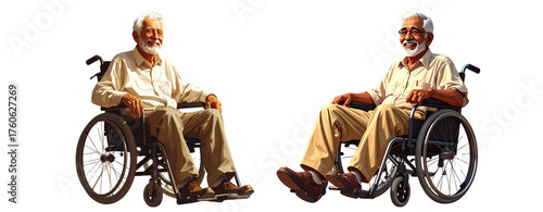 Senior Man in Wheelchair Smiling  Portrait on White Background