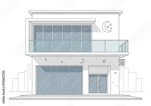 Modern Two-Story Building with Moon and Star Decorations Glass Balcony and Large Windows.