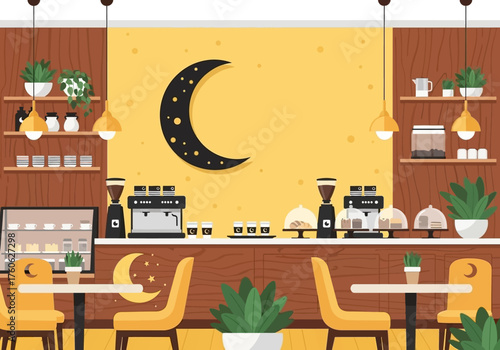 Cozy Coffee Shop Interior with Moon Decor and Yellow Accents.