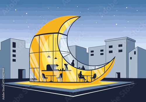 Crescent Moon Shaped Cafe Building with Glass Facade at Night.