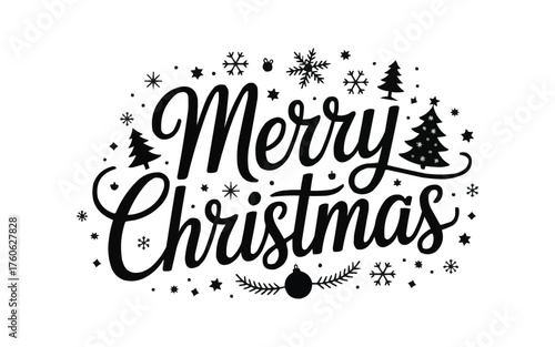 Festive Merry Christmas lettering with charming snowflakes, stars, and trees for your holiday designs, cards, and seasonal marketing campaigns