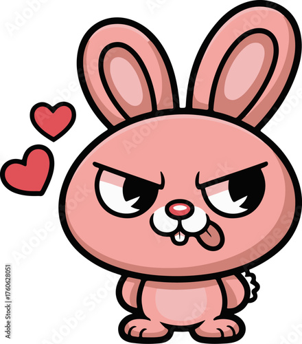 Cute pink cartoon bunny rabbit character showing grumpy face with hearts emotion vector