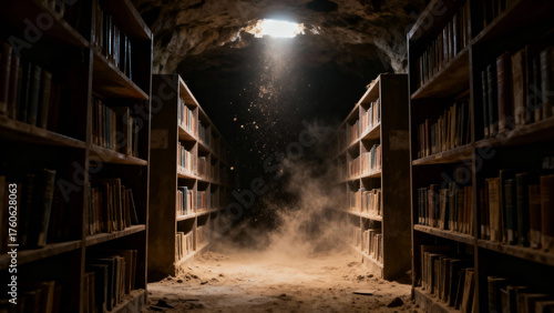 A dimly lit underground library with dusty bookshelves and a beam of light shining through the ceiling.