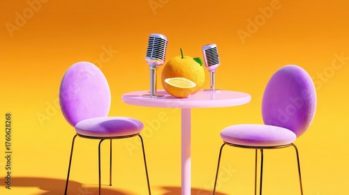 Vibrant podcast setup with retro microphones citrus theme