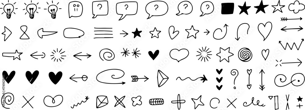 Obraz premium Collection of hand-drawn black ink doodles and symbols for creative design elements vector