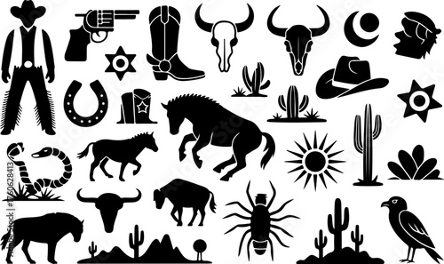 Wild west silhouette collection cowboy horses buffalo cactus sun cowboy hat revolver sheriff badge vector