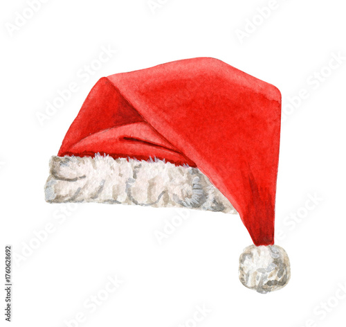 Watercolor santa claus red hat isolated  on white background. New Year's hat with fur and pom-pom
