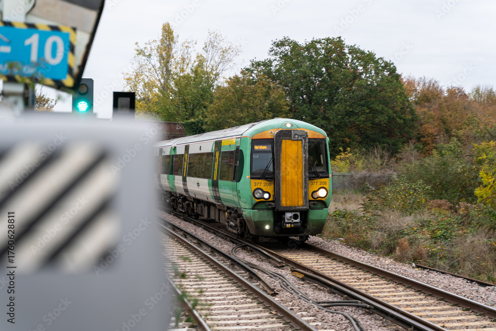 Naklejka premium Train on tracks in autumn landscape