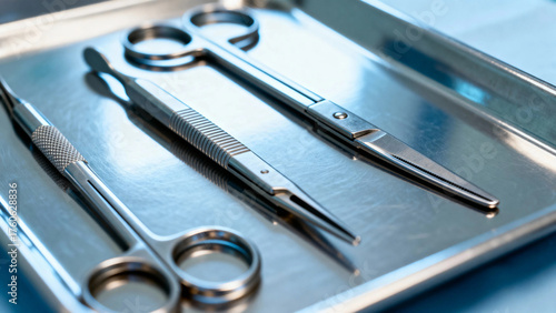 Sterilized surgical instruments arranged on a metal tray