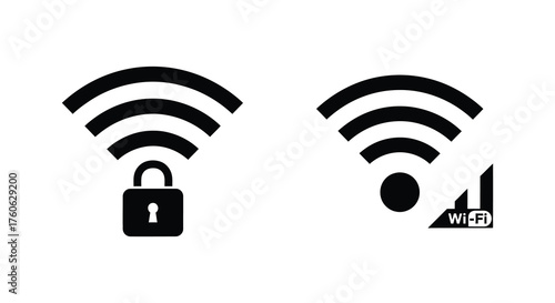 Two distinct wi fi signal icons one secured with a padlock and the other indicating signal strength presented in a bold silhouette style