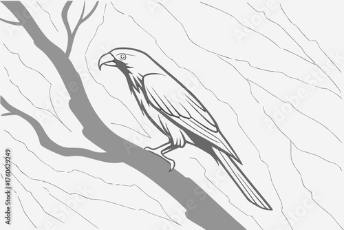 Monochrome Vector Art: Detailed Eagle Bird Outline Perched on a Branch with Abstract Marble Veins