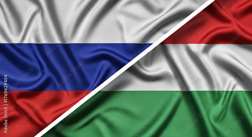 Fototapeta premium Russia And Hungary Diagonal Split Fabric Flags Representing Diplomatic Ties And Bilateral Partnership JPG