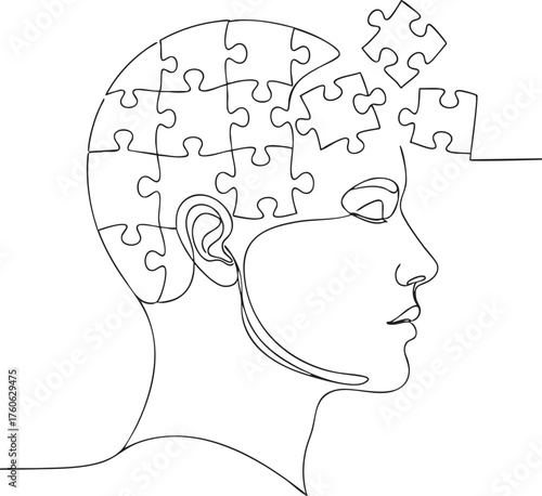 continuous line drawing of a human head with puzzle pieces, mental health, problem-solving concept