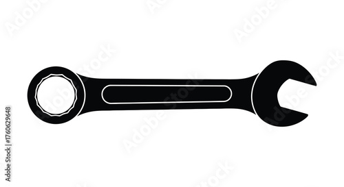 A black silhouette of a combination wrench with a ring end and an open end on a white background