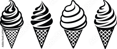 Ice cream silhouettes, dessert icons, waffle cone, swirl pattern, creamy texture, black and white, sweet treat, snack design, food art