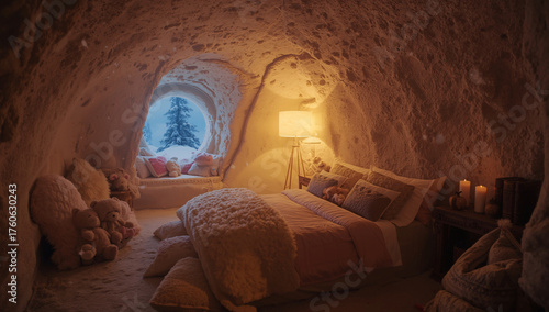 Cozy winter getaway in snow cave with inviting warm light and teddy bears