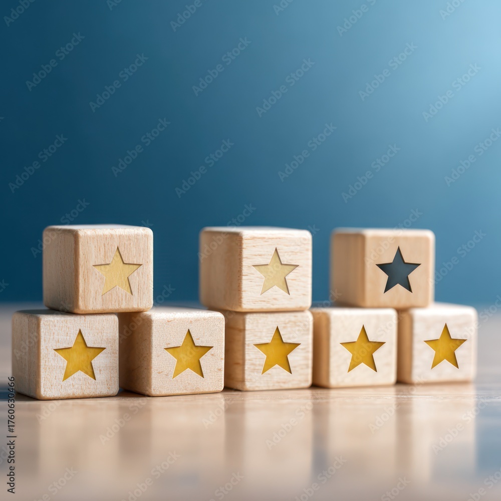 Obraz premium Wooden Star Blocks Arranged on Table Against Blue Background