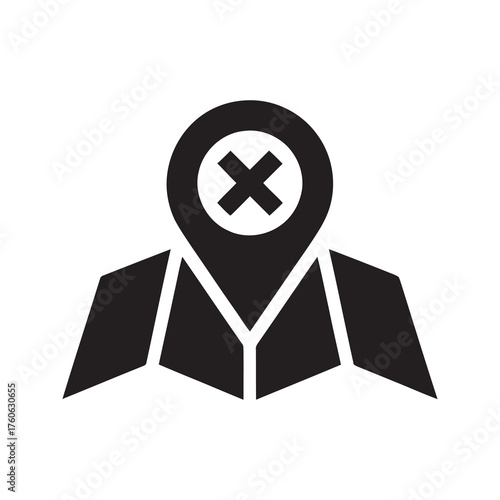 Folded map with location marker showing a cross sign for a wrong destination an error in navigation or a closed place
