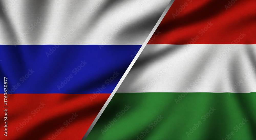 Fototapeta premium Russia And Hungary Diagonal Split Fabric Flags Representing Diplomatic Ties And Bilateral Partnership JPG