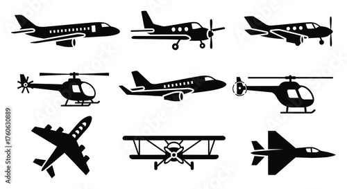 Collection of diverse aircraft silhouettes including airplanes helicopters and biplanes in a simple graphic style silhouette
