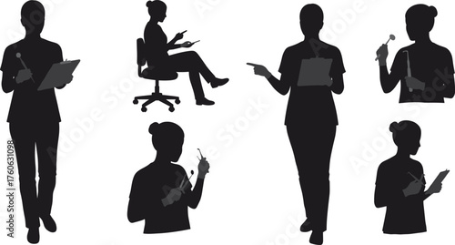 Medical professional silhouettes, clipboard gesture, reflex hammer, dental tool, seated posture, walking pose, minimal style, healthcare worker, examination, writing