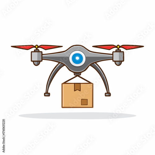 Drone delivering package, aerial view, modern delivery service concept.