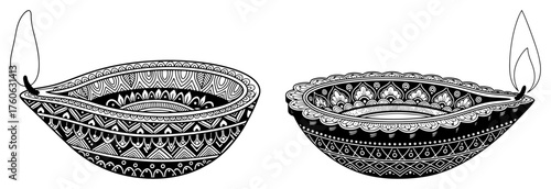 Diwali Diya oil lamp vector illustration set. Hand drawn traditional Indian lamps with ornament for Hindu festival of lights.