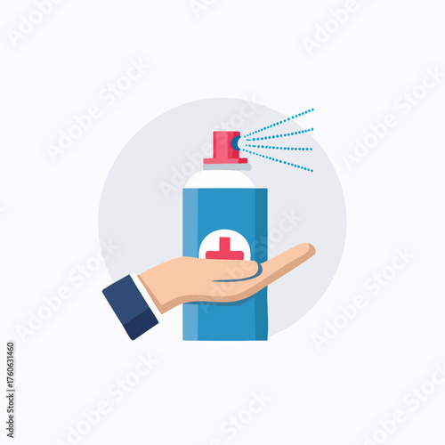 Hand spraying disinfectant from a can onto a palm.