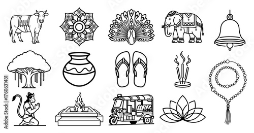 Set of India travel and Hindu religion icons. Collection of Indian cultural symbols including sacred cow elephant peacock lotus and mandala. Vector line art illustration.