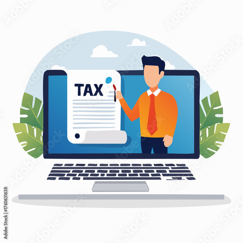 Online Tax Filing Illustration with Man and Laptop.