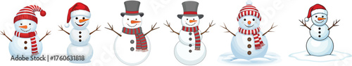 Set of Winter Snowmen Vector Characters in Christmas Hats, Top Hats, and Red Striped Scarves.