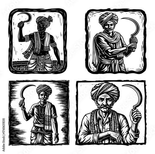 Indian farmer holding sickle. Set of portraits of a man in a turban. Rural agricultural worker from India. Vintage woodcut style vector illustration.