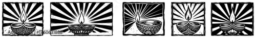 Diya Oil Lamp Woodcut Icons Set – Radiant Hindu Festival Light Vector