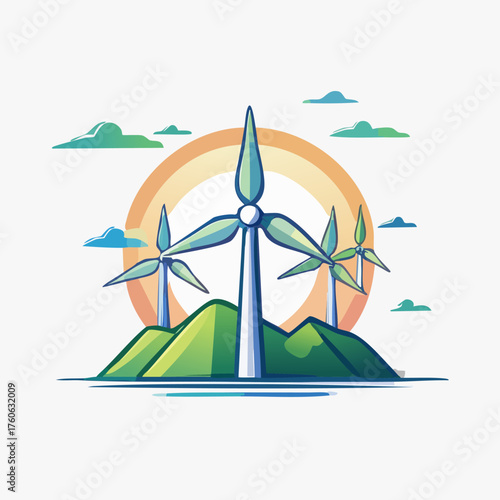 Wind turbines generating clean energy on green hills with sun.