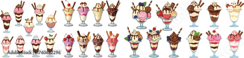 Huge Set of Hand-Drawn Ice Cream Sundaes in Glass Cups with Chocolate Syrup, Cherries, and Wafers.