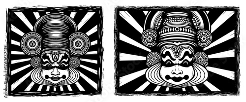 Kathakali dancer face mask from Kerala India. Traditional Indian dance-drama character. Set of vintage woodcut style vector illustrations.