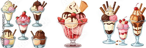 Delicious Ice Cream Sundaes and Dessert Collection Vector Set with Waffle Cones, Syrups, and Fruit Toppings.
