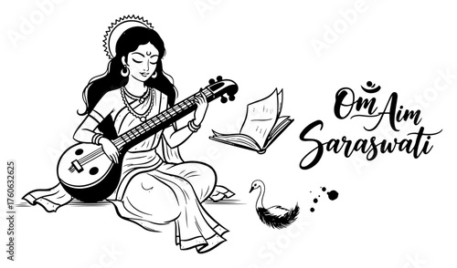 Hindu Goddess Saraswati playing the veena musical instrument. Goddess of knowledge music and art with mantra Om Aim Saraswati. Vector illustration.