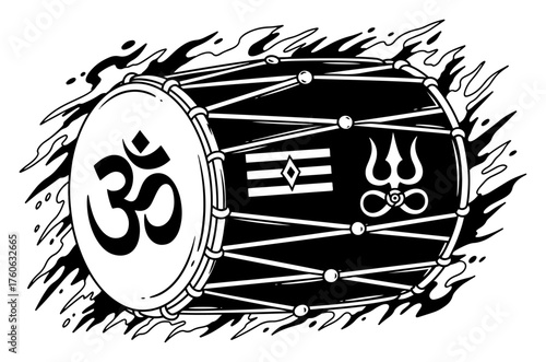 Indian Dhol drum with sacred symbols of Lord Shiva. Damaru instrument with Om and Trishula icons on fire. Vector illustration for Mahashivratri festival.