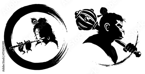 Krishna and Hanuman Brush Silhouettes – Circular Ink Vector Hindu Icons