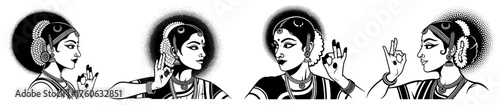 Indian classical dancer vector set. Traditional woman showing mudra hand gestures for Bharatanatyam dance.